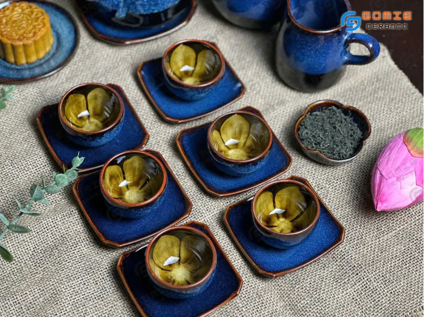 Ocean Blue Fire-Glazed Ceramic Tea Set (6 Items), Pyramid Teapot, Bat Trang Ceramics, Flower Inner Cup, Vietnamese Handmade Pottery, Vietnamese Gifts