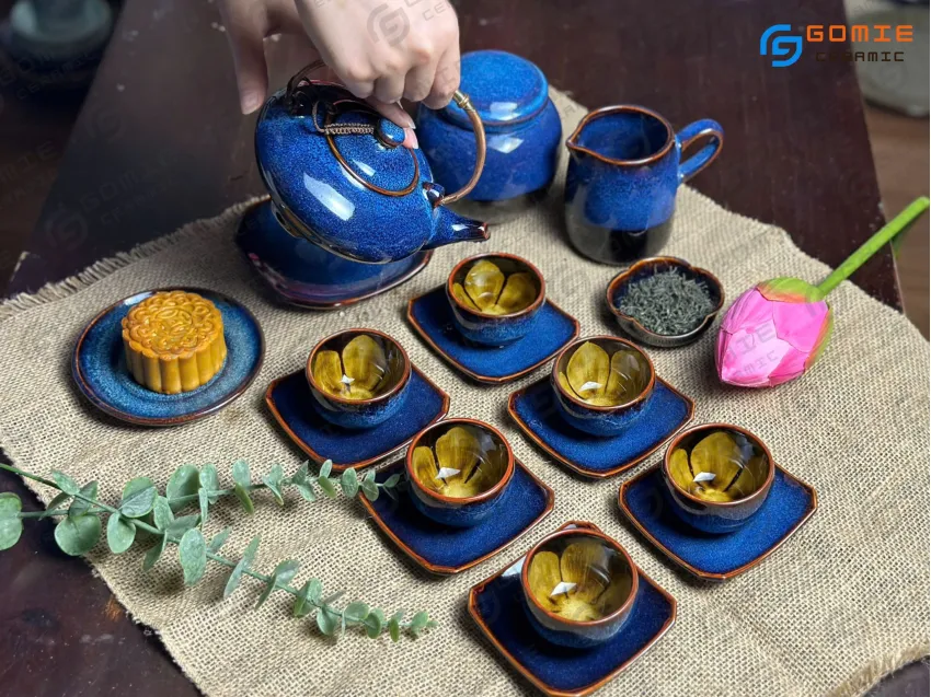 Ocean Blue Fire-Glazed Ceramic Tea Set (6 Items), Conical Hat Teapot, Bat Trang Ceramics, Flower Inner Cup, Ceramic Tea Pot, Unique Gift