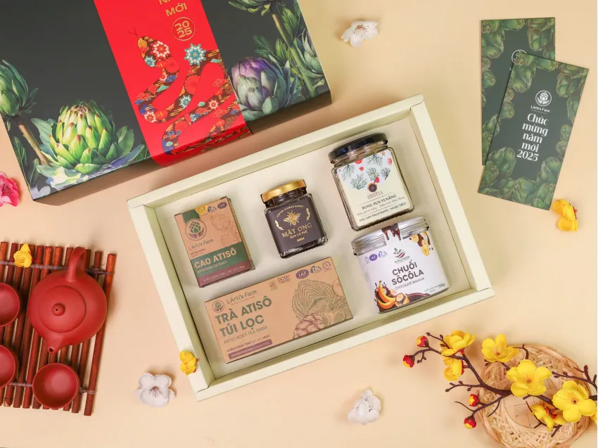 Artichoke Gift Box Combo 7, Express Sincerity With A Sophisticated Gift, Tet Gift Set With Snacks, Honey & Artichoke Products, Corporate Tet Gifts