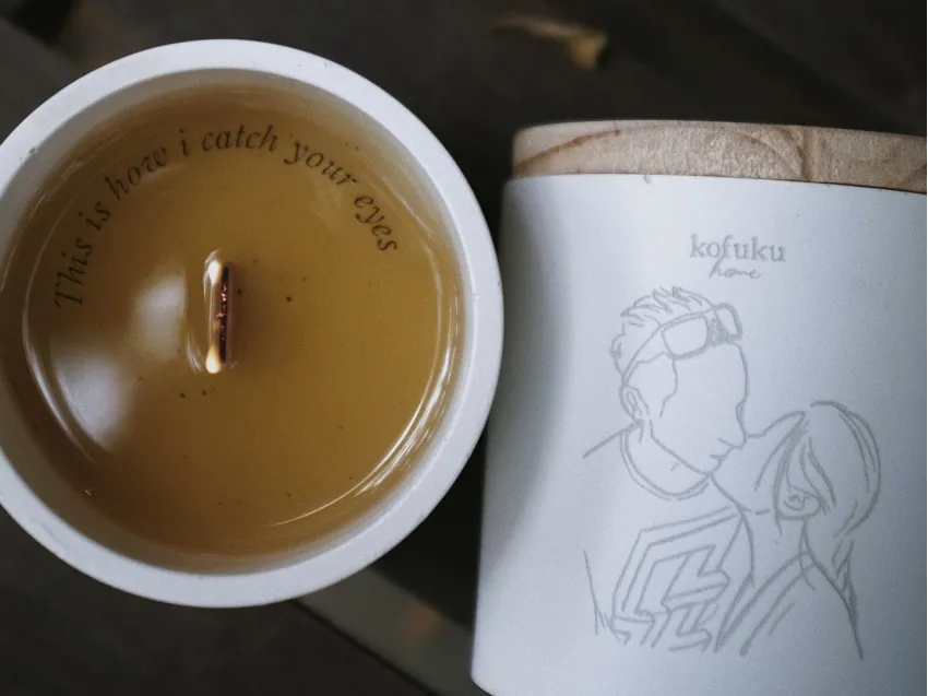Kofuku, scented candle, personalized candle, chus, chusvn, engraved name, engraved message, personalized gifts, hidden message