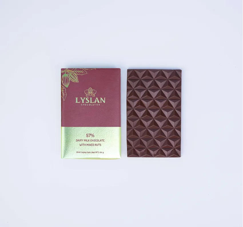 Dairy milk chocolate with mixed nuts 57% 64gr delivers rich creamy and crunchy melt finale, featuring Vietnamese chocolate made from pure Vietnamese cacao as a delicious Vietnam gift Dairy milk chocolate with mixed nuts 57% 64gr delivers rich creamy and crunchy melt finale, featuring Vietnamese chocolate made from pure Vietnamese cacao as a delicious Vietnam gift