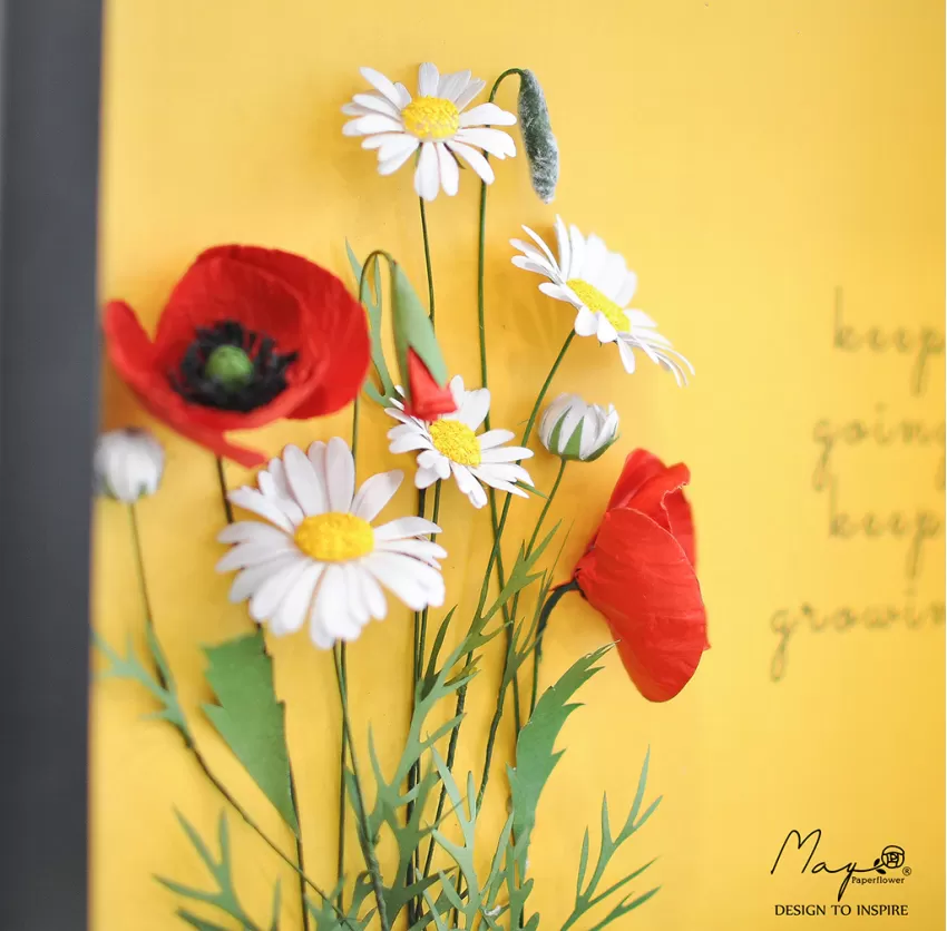 Tranh Hoa Giấy Handmade Trang Trí - Poppy Garden MAYPAPERFLOWER Khung Gỗ Size 25x25cm, Tranh Thủ Công, Quà Tặng Cá Nhân Hóa, Quà Tặng Doanh Nghiệp