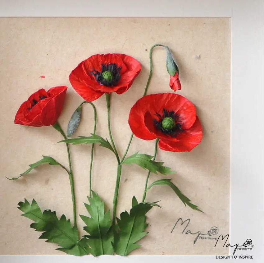 Tranh Hoa Giấy Handmade Trang Trí - Hoa Poppy Kết Hợp Nền Giấy Dó MAYPAPERFLOWER Khung Tranh Gỗ Size 25x25cm, Quà Tặng Doanh Nghiệp