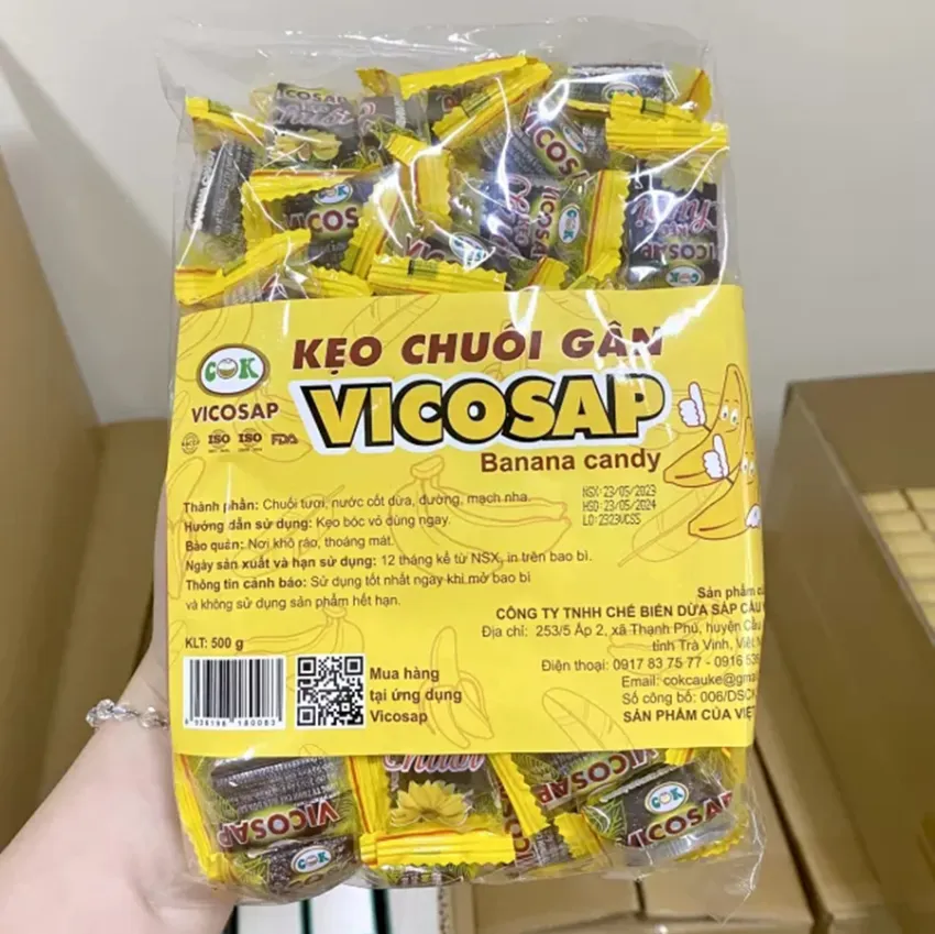 Kẹo Chuối Gân, Túi 500g, Kẹo Chuối Gân Nguyên Vị, Kẹo Chuối Gân Vicosap Túi 500g, Đặc Sản Trà Vinh, Kẹo Chuối Tươi Dẻo