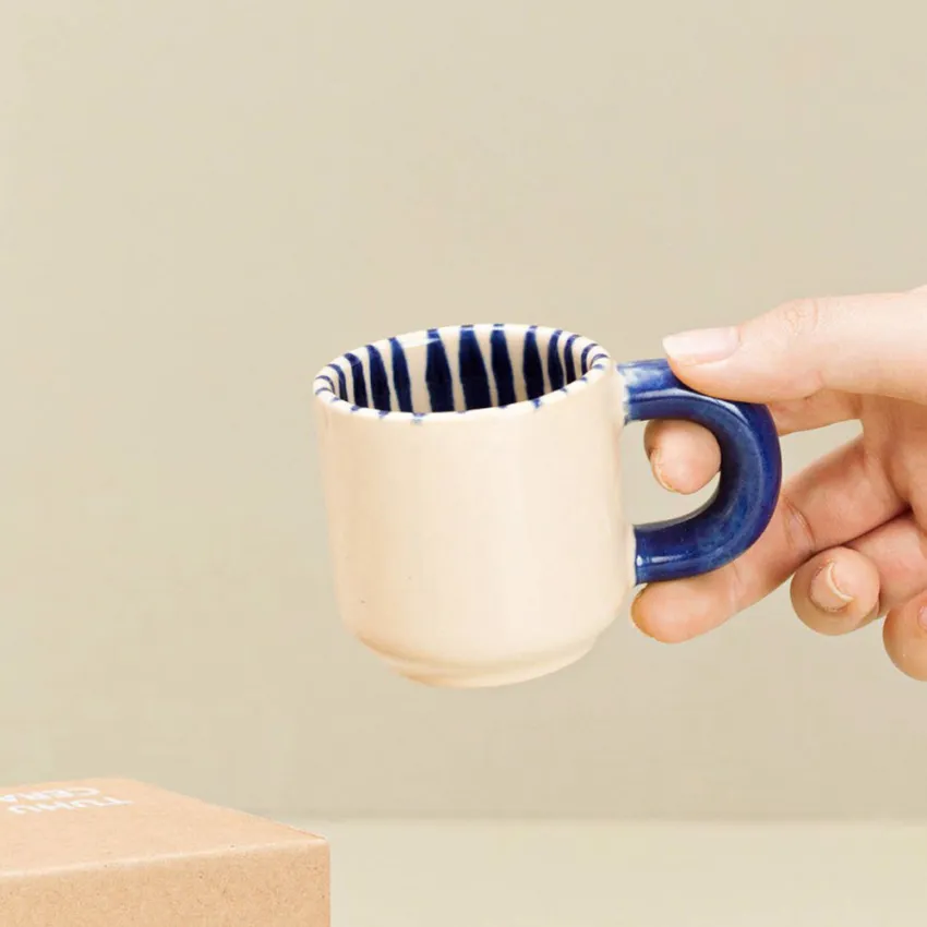 Blue Stripes Ceramic Espresso Cup, Vietnamese Ceramics, Household Items, Ceramic, Rustic, Kitchenware, Handmade, Non-toxic, Decorations, Gift Ideas
