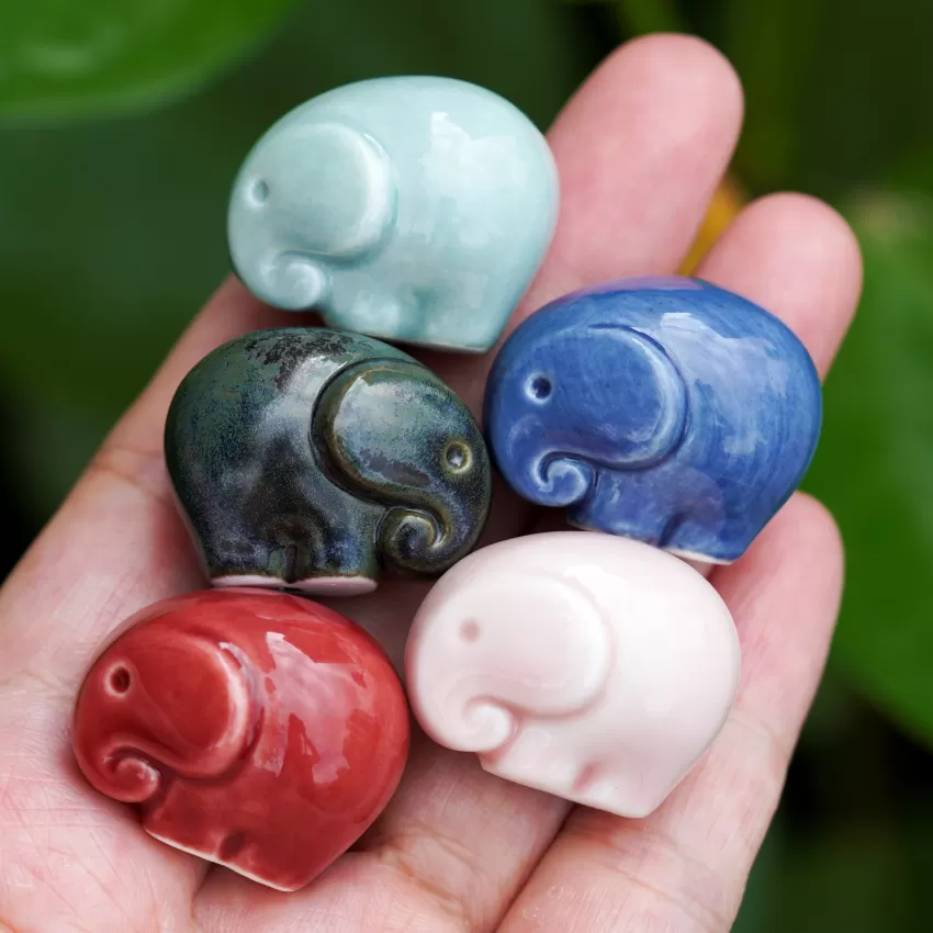 Mini Elephant Porcelain Figurine Style 2, Handmade Ceramic Elephant Statue, Glossy Glazed Ceramic Material, Table Or Bookshelf Decoration