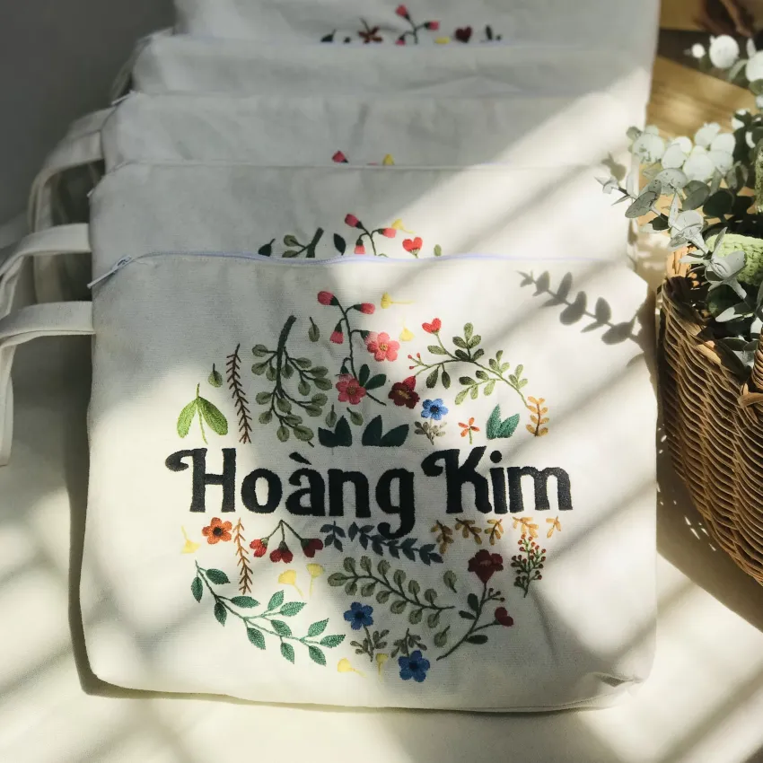Túi Canvas Thêu Tên Cầm Tay Họa Tiết Hoa Cỏ, Túi Vải, Túi Đựng Vật Dụng Cá Nhân, Phụ Kiện Đa Năng, Phụ Kiện Thủ Công, Quà Tặng Cá Nhân Hóa
