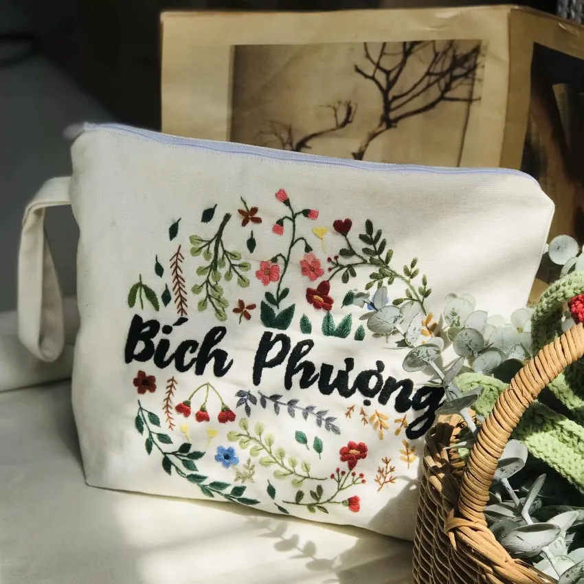 Túi Canvas Thêu Tên Cầm Tay Họa Tiết Hoa Cỏ, Túi Vải, Túi Đựng Vật Dụng Cá Nhân, Phụ Kiện Đa Năng, Phụ Kiện Thủ Công, Quà Tặng Cá Nhân Hóa