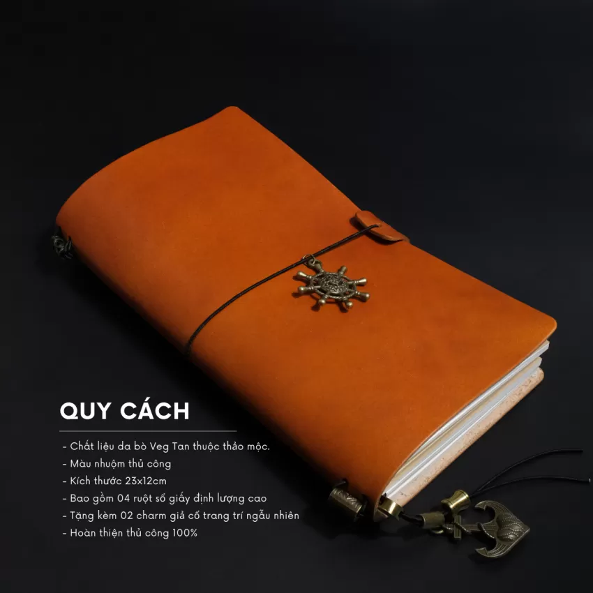 Sổ Tay Da Bò Veg Tan, 23x12cm, Phong Cách Cổ Điển Sang Trọng, Sổ Tay Da Thật, Màu Nhuộm Thủ Công Kèm Charm, Lõi Giấy Linh Hoạt, Quà Tặng Đồng Nghiệp