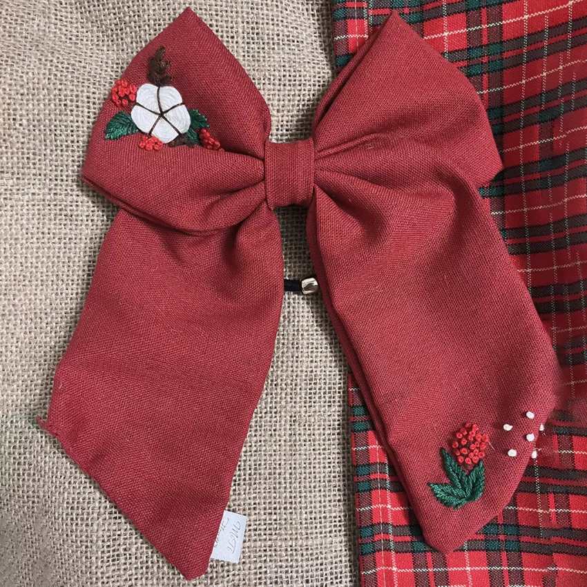 Nơ Cột Tóc Thêu Tay Hoa Cotton, Màu Đỏ Rượu Không Kén Da, Phụ Kiện Chụp Ảnh Giáng Sinh, Phong Cách Ngọt Ngào Và Nữ Tính