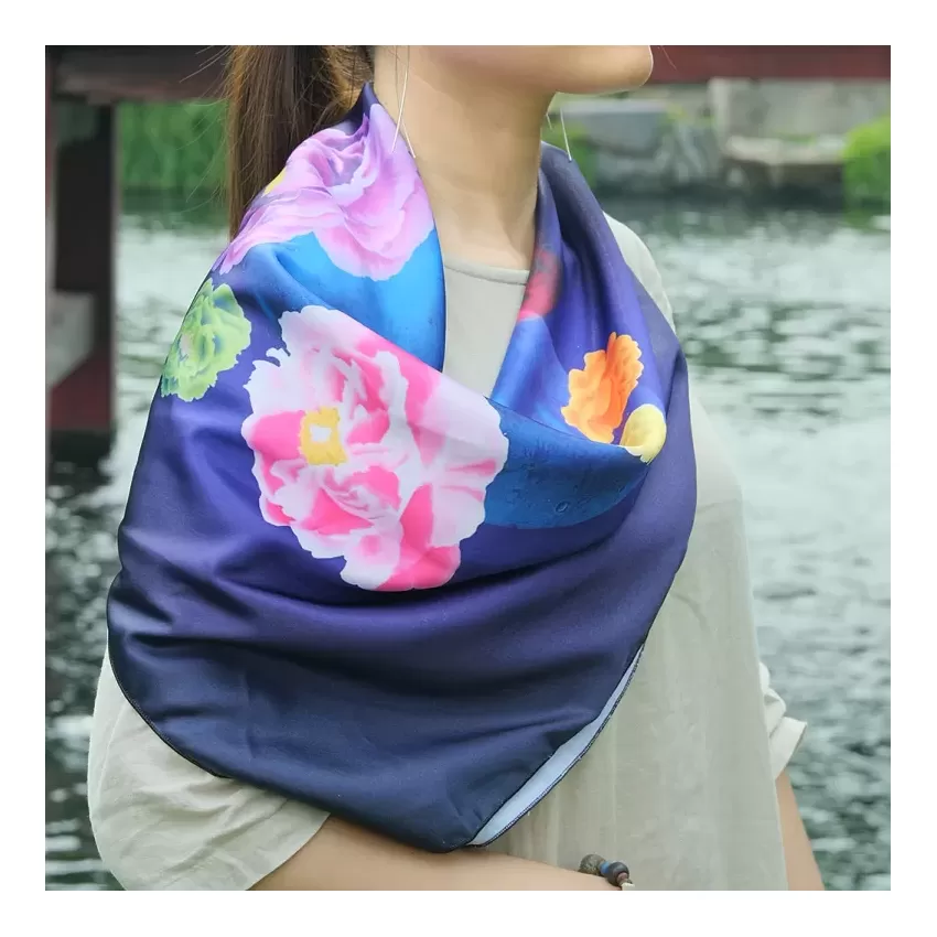 Khăn Lụa Mặt Trăng, Khăn Choàng Lụa Satin, Khăn Lụa In Cao Cấp, Khăn Bandana, Khăn Họa Tiết Nữ Tính, Khăn Lụa Màu Tím