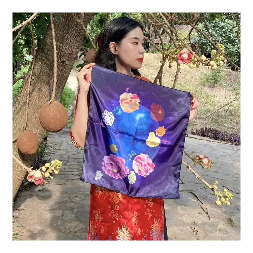 Khăn Lụa Mặt Trăng, Khăn Choàng Lụa Satin, Khăn Lụa In Cao Cấp, Khăn Bandana, Khăn Họa Tiết Nữ Tính, Khăn Lụa Màu Tím