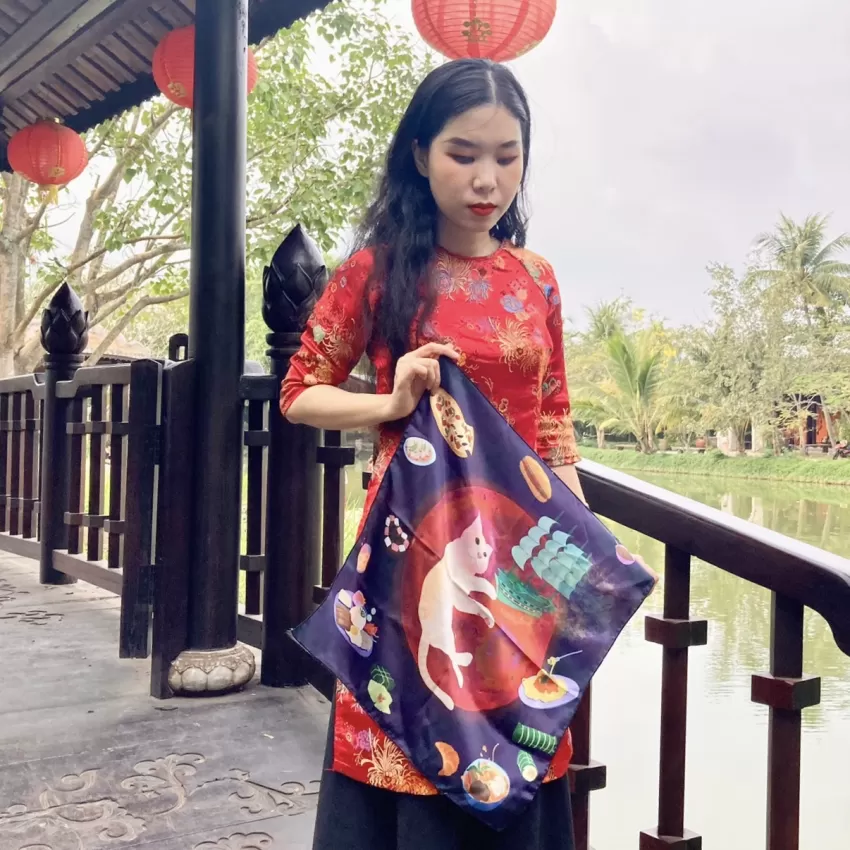 Khăn Lụa Mèo & Mặt Trăng Đỏ, Khăn In Siêu Thực, Khăn Lụa Satin Cao Cấp, Khă Choàng Lụa, Quà Tặng Người Thân
