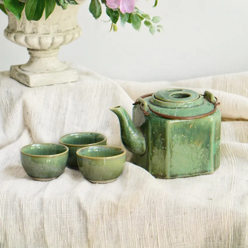 Hexagonal Ceramic Tea Set, Crystal Green Collection, Perfect Housewarming Gift, Handcrafted Vietnamese Tea Set, Meaningful Gift, Easy Care & Dishwasher Safe, Corporate Gift
