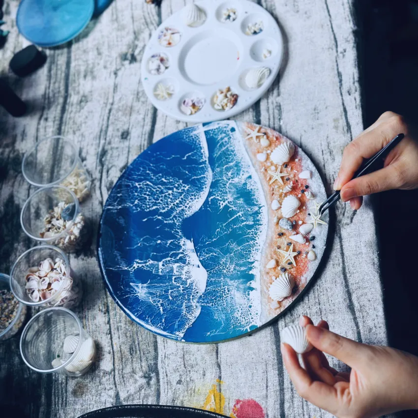 Round Ocean Epoxy Resin Art, A Little Corner Of The Blue Sea, Real Seashells And Sand, Resin Ocean Artworks, Table Decoration, Unique Gifts