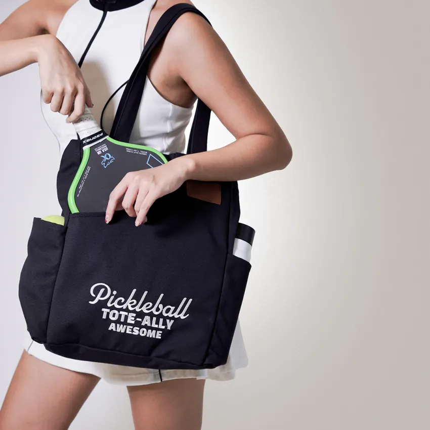 [BEST SELLER] Personalized "Pickleball Tote-Ally Awesome" Black Canvas Tote, Personalized Leather Tag, Pickleball Bags, Unique Birthday Gift Idea