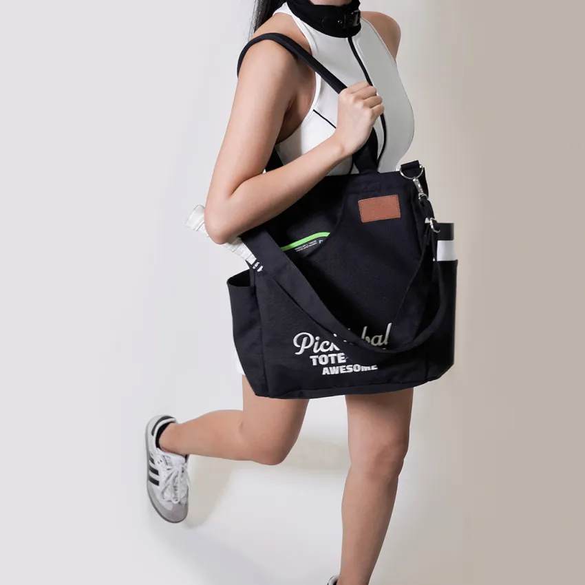 [BEST SELLER] Personalized "Pickleball Tote-Ally Awesome" Black Canvas Tote, Personalized Leather Tag, Pickleball Bags, Unique Birthday Gift Idea