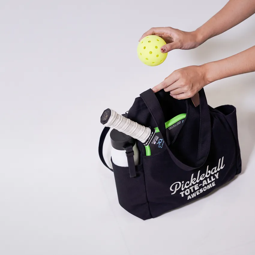 [BEST SELLER] Personalized "Pickleball Tote-Ally Awesome" Black Canvas Tote, Personalized Leather Tag, Pickleball Bags, Unique Birthday Gift Idea