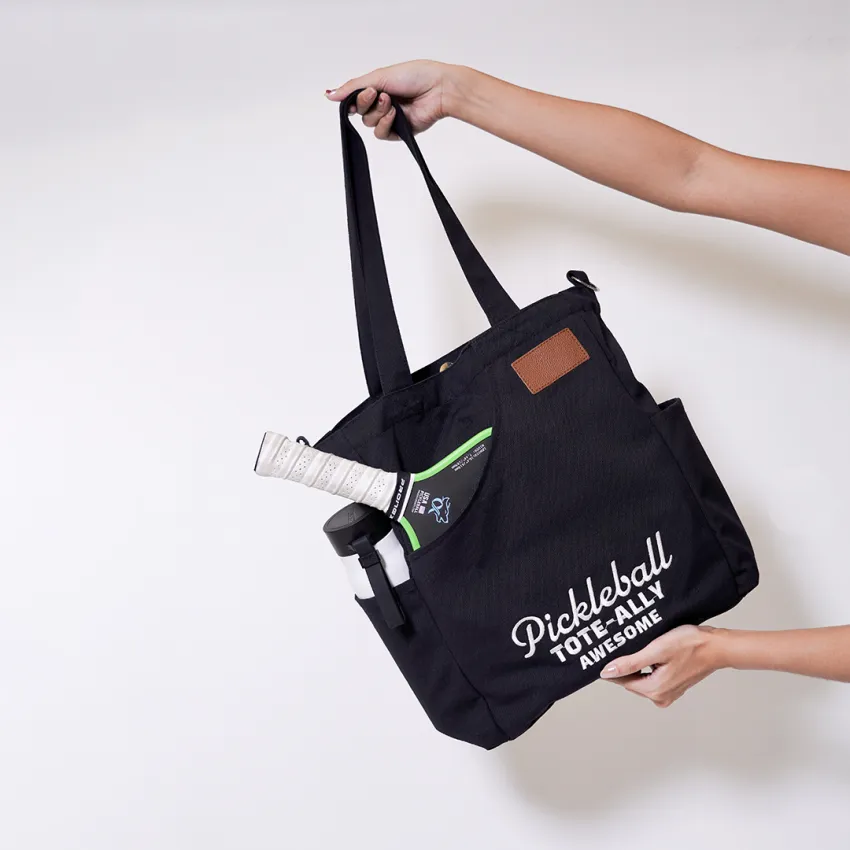 [BEST SELLER] Personalized "Pickleball Tote-Ally Awesome" Black Canvas Tote, Personalized Leather Tag, Pickleball Bags, Unique Birthday Gift Idea