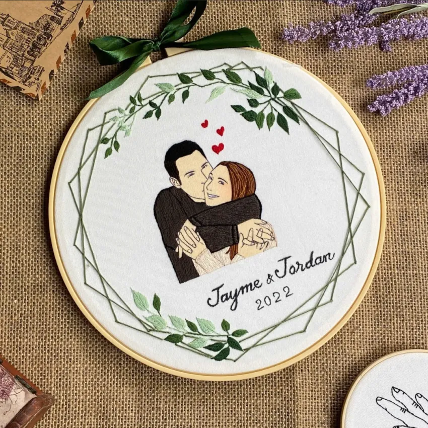 Personalized Two People With Flower & Text Embroidery Frame, A Touch Of Color For Lasting Memories, Handmade Canvas Embroidery, Personalized Gift