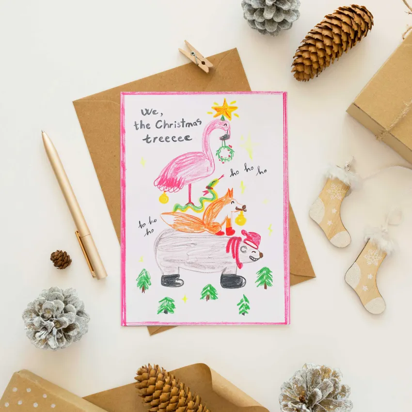 "We, The Christmas Tree" Hand-Drawn Christmas Card, Unique Christmas Vibes, Original Artwork, Paper Card With Envelope And Stickers, Christmas Gift