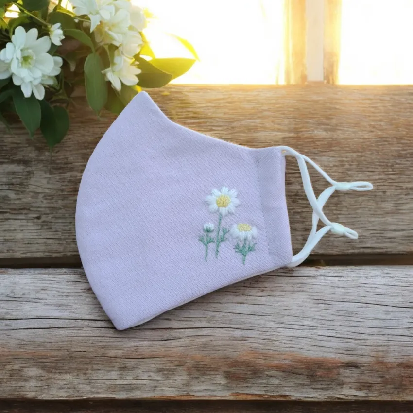 Daisy Embroidery Linen Face Mask, Soft Elegance, Adjustable Straps, 3-Ply Face Mask, Handmade Face Mask, Premium Face Mask, Eco-Friendly Accessories