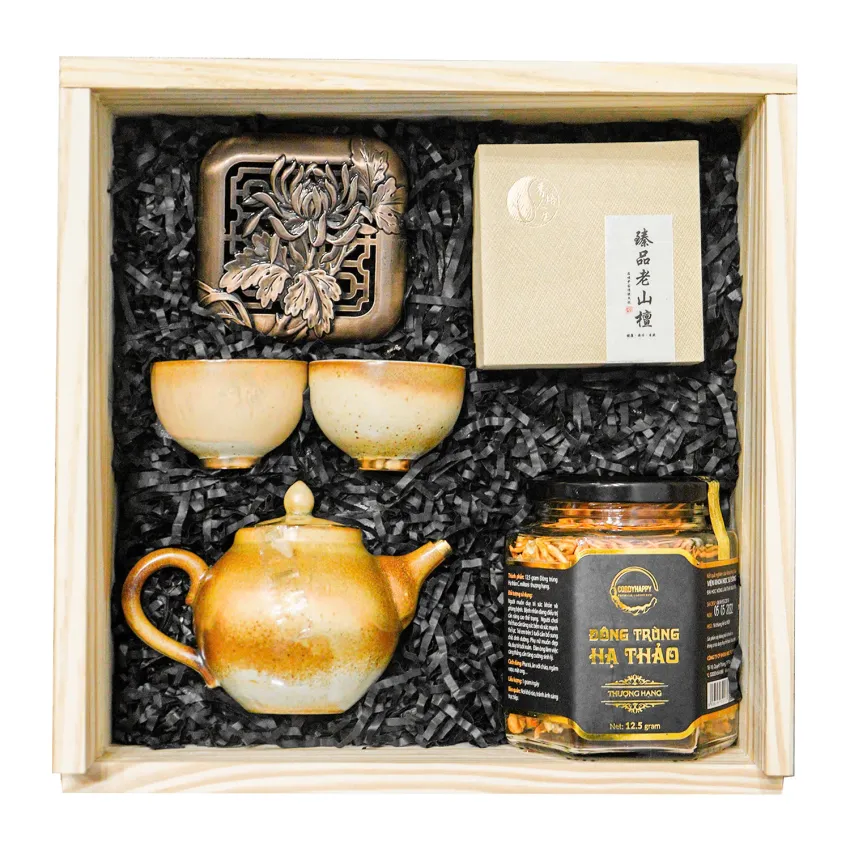 "Premium Wellness Gift" Gift Box, Conveying The Best, Agarwood Incense Gift Set With Teapot & Cordyceps, Premium Wooden Gift Box, Health Gift