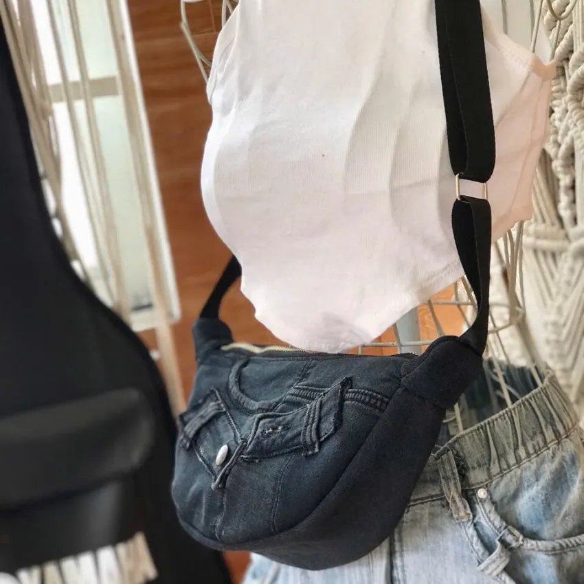 Black Half-Moon Crossbody Bag From Old Jeans, A Touch Of Mystery In Every Step, Half-Moon Bag, Jeans Crossbody Bag, Upcycled Accessory, Unique Gift Black Half-Moon Crossbody Bag From Old Jeans, A Touch Of Mystery In Every Step, Half-Moon Bag, Jeans Crossbody Bag, Upcycled Accessory, Unique Gift