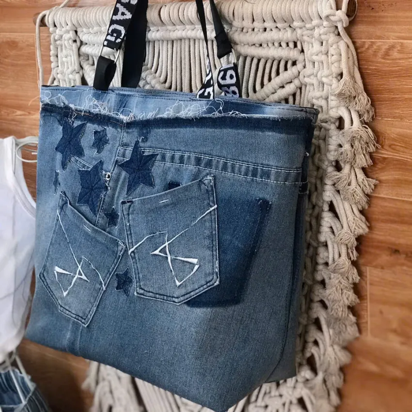 Space Tote Bag From OId Jeans, Vibrant Imprint Of Modern Fashion, Recycled Denim Handbag, Fashion Accessory, Impressive Birthday Gift, Handmade Gift Space Tote Bag From OId Jeans, Vibrant Imprint Of Modern Fashion, Recycled Denim Handbag, Fashion Accessory, Impressive Birthday Gift, Handmade Gift