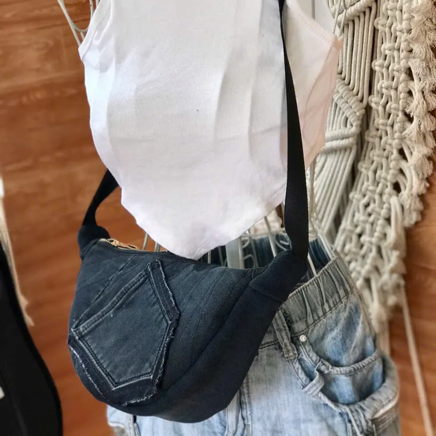 Black Half-Moon Crossbody Bag From Old Jeans, A Touch Of Mystery In Every Step, Half-Moon Bag, Jeans Crossbody Bag, Upcycled Accessory, Unique Gift Black Half-Moon Crossbody Bag From Old Jeans, A Touch Of Mystery In Every Step, Half-Moon Bag, Jeans Crossbody Bag, Upcycled Accessory, Unique Gift