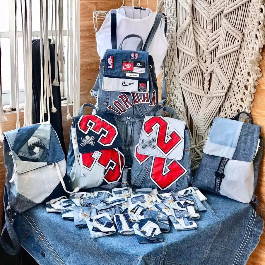 Mini Jordans Backpack From Old Jeans, Personality Through Every Detail, Patchwork Fabric Backpack, Upcycled Fashion, Handcrafted Gift, Birthday Gift Mini Jordans Backpack From Old Jeans, Personality Through Every Detail, Patchwork Fabric Backpack, Upcycled Fashion, Handcrafted Gift, Birthday Gift