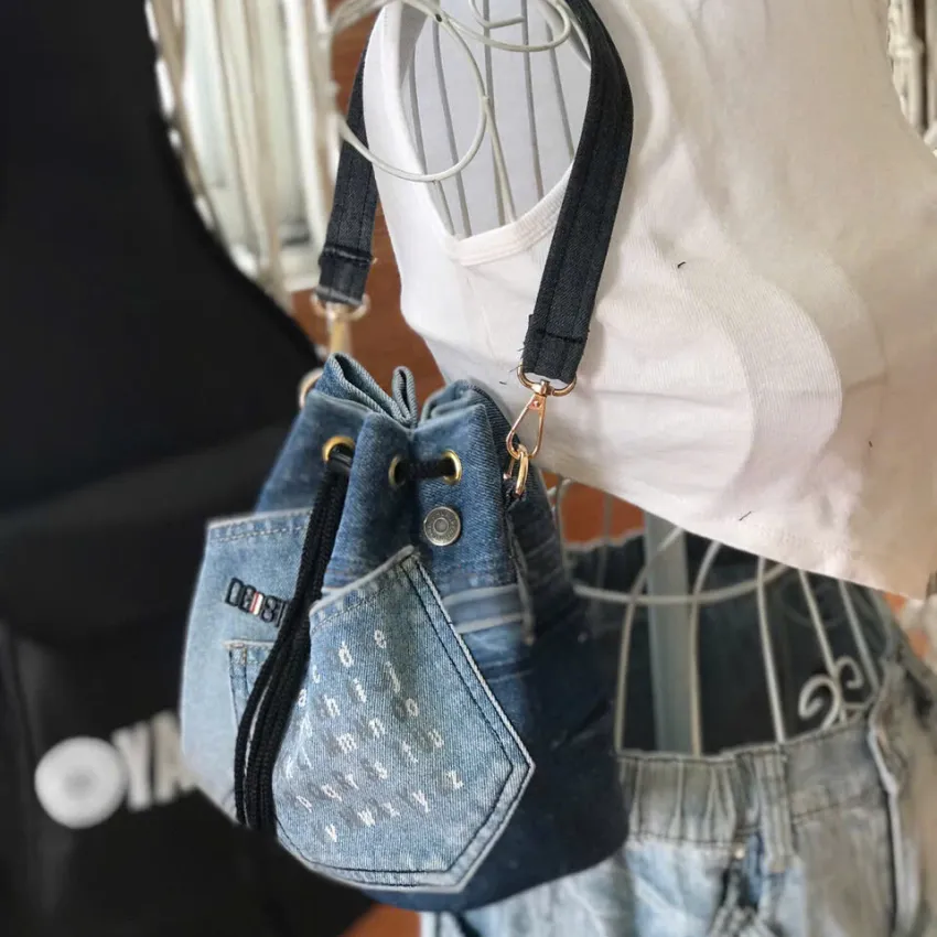 Blue Printed Letter Bucket Bag From Old Jeans, Passion Infused In Every Detail, Upcycled Bag, Convenient Drawstring Bag, Impressive Birthday Gift Blue Printed Letter Bucket Bag From Old Jeans, Passion Infused In Every Detail, Upcycled Bag, Convenient Drawstring Bag, Impressive Birthday Gift