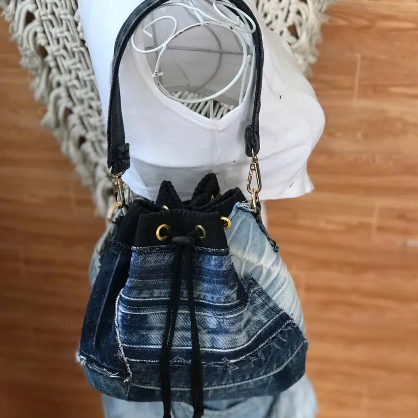 Blue-Accented Bucket Bag From Old Jeans, Sustainable Fashion's Bold Statement, Convenient Drawstring Bag, Upcycled Jeans Bag, Creative Birthday Gift Blue-Accented Bucket Bag From Old Jeans, Sustainable Fashion's Bold Statement, Convenient Drawstring Bag, Upcycled Jeans Bag, Creative Birthday Gift