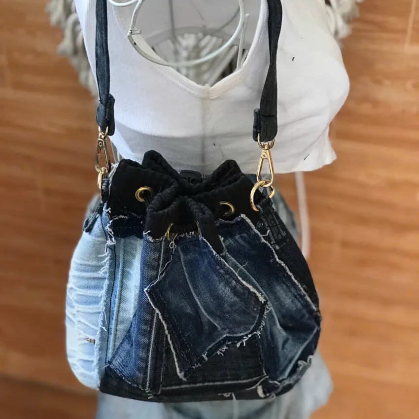 Blue-Accented Bucket Bag From Old Jeans, Sustainable Fashion's Bold Statement, Convenient Drawstring Bag, Upcycled Jeans Bag, Creative Birthday Gift Blue-Accented Bucket Bag From Old Jeans, Sustainable Fashion's Bold Statement, Convenient Drawstring Bag, Upcycled Jeans Bag, Creative Birthday Gift