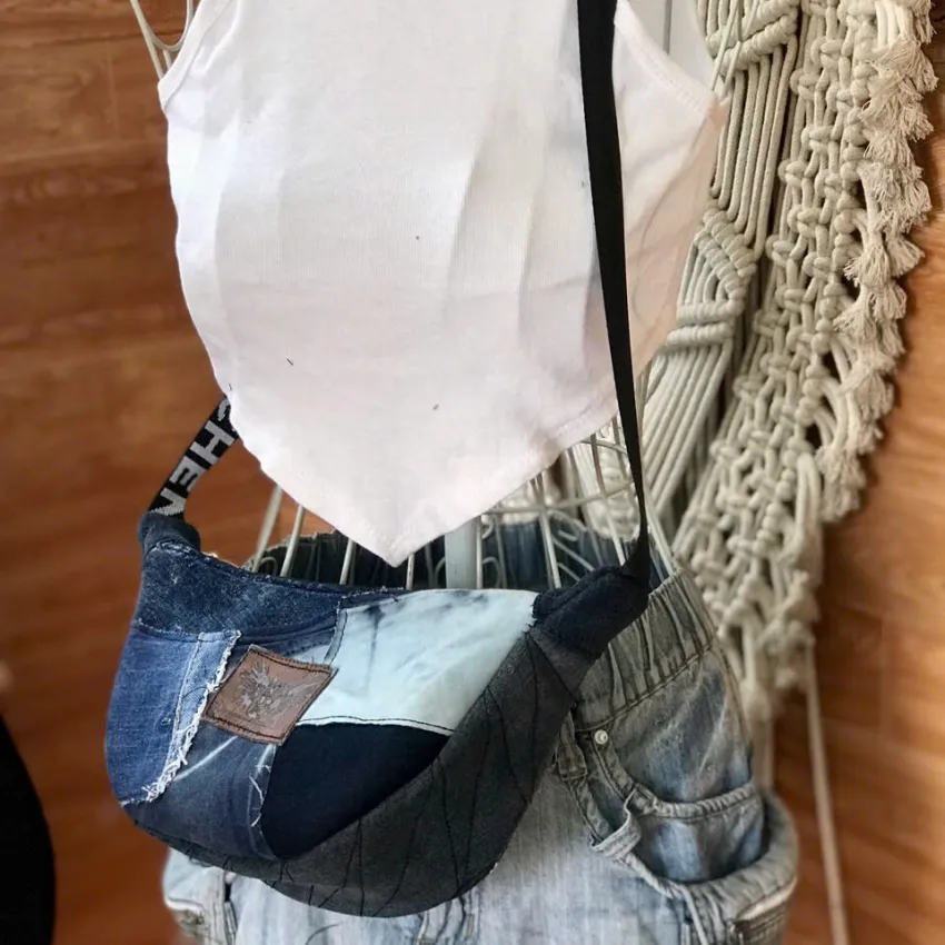 Half-Moon Crossbody Bag With Flap From Old Jeans, Balancing Convenience & Uniqueness, Upcycled Jeans Bag, Denim Crossbody Bag, Creative Birthday Gift Half-Moon Crossbody Bag With Flap From Old Jeans, Balancing Convenience & Uniqueness, Upcycled Jeans Bag, Denim Crossbody Bag, Creative Birthday Gift