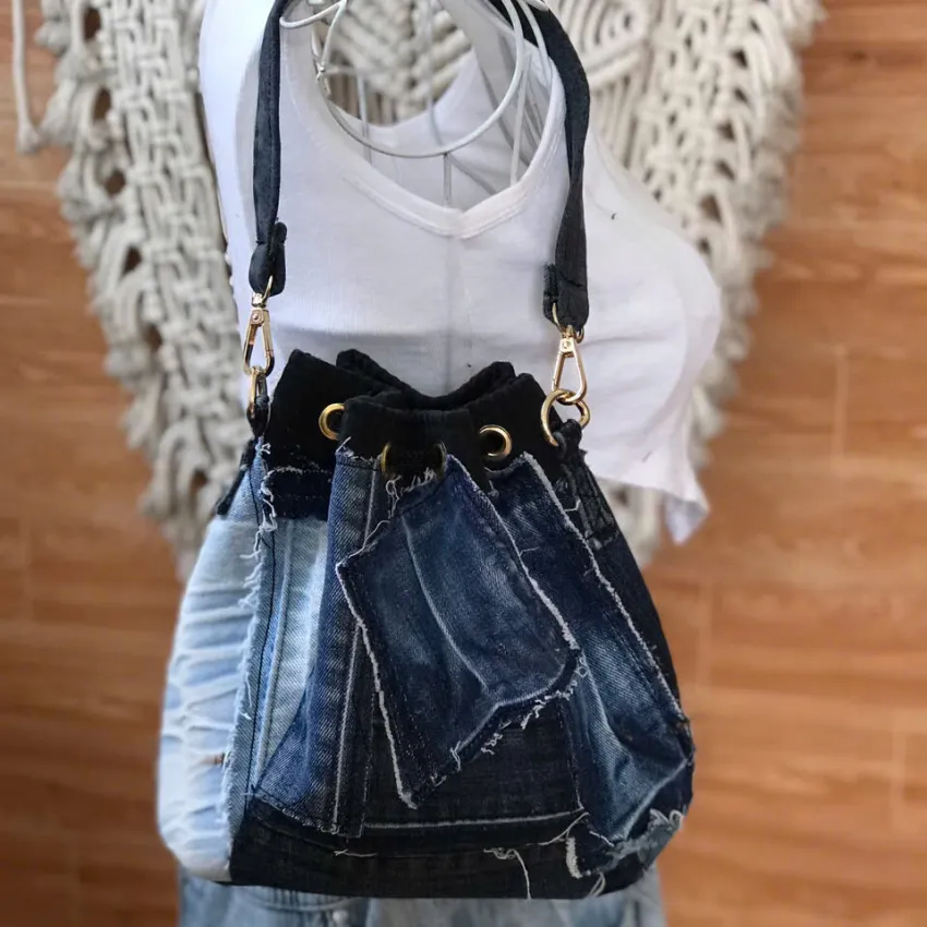Blue-Accented Bucket Bag From Old Jeans, Sustainable Fashion's Bold Statement, Convenient Drawstring Bag, Upcycled Jeans Bag, Creative Birthday Gift Blue-Accented Bucket Bag From Old Jeans, Sustainable Fashion's Bold Statement, Convenient Drawstring Bag, Upcycled Jeans Bag, Creative Birthday Gift