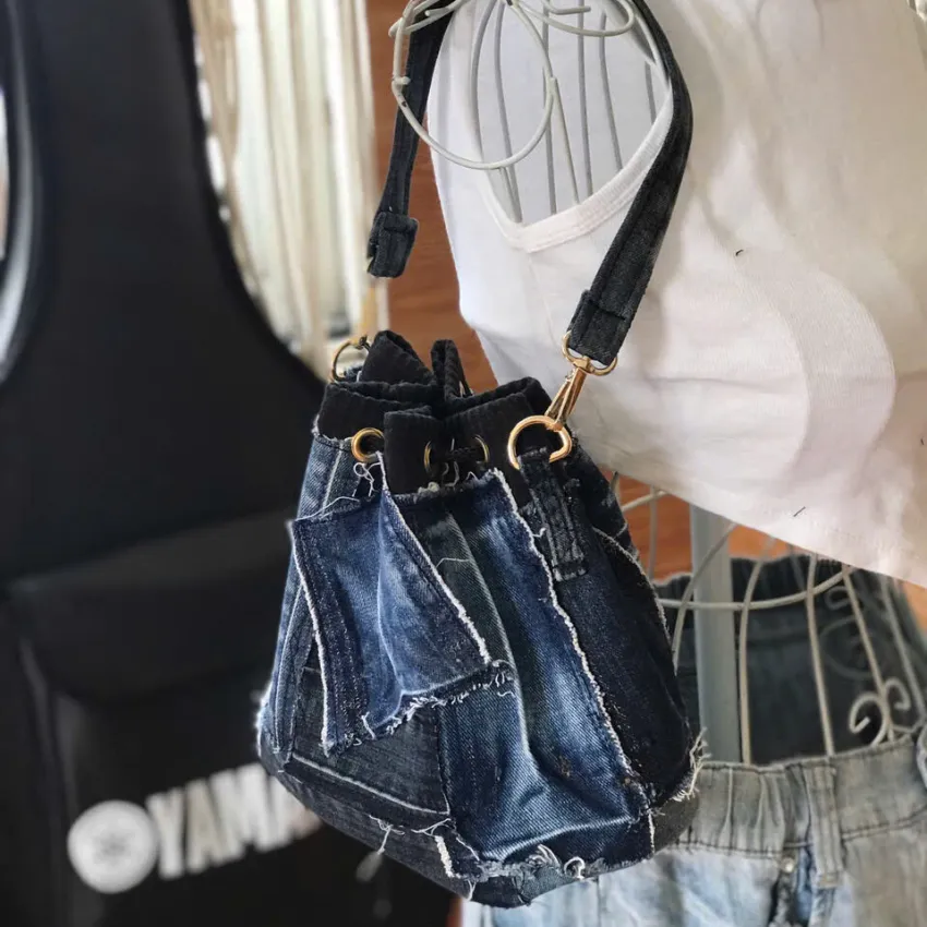Blue-Accented Bucket Bag From Old Jeans, Sustainable Fashion's Bold Statement, Convenient Drawstring Bag, Upcycled Jeans Bag, Creative Birthday Gift Blue-Accented Bucket Bag From Old Jeans, Sustainable Fashion's Bold Statement, Convenient Drawstring Bag, Upcycled Jeans Bag, Creative Birthday Gift