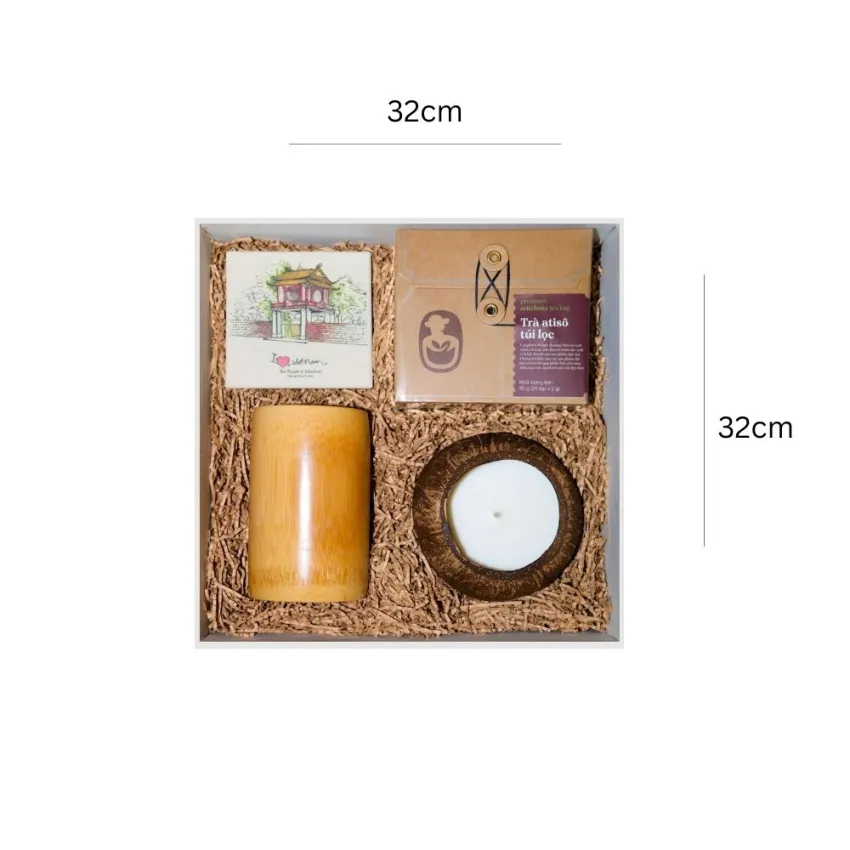 Hộp Quà "Relaxing Memory", Cảm Nhận Hơi Thở Việt Nam, Set Quà Nến Thơm Dừa Cùng Trà Atiso Kèm Cốc & Lót Ly, Quà Lưu Niệm Việt Nam, Quà Đặc Sản Tinh Tế