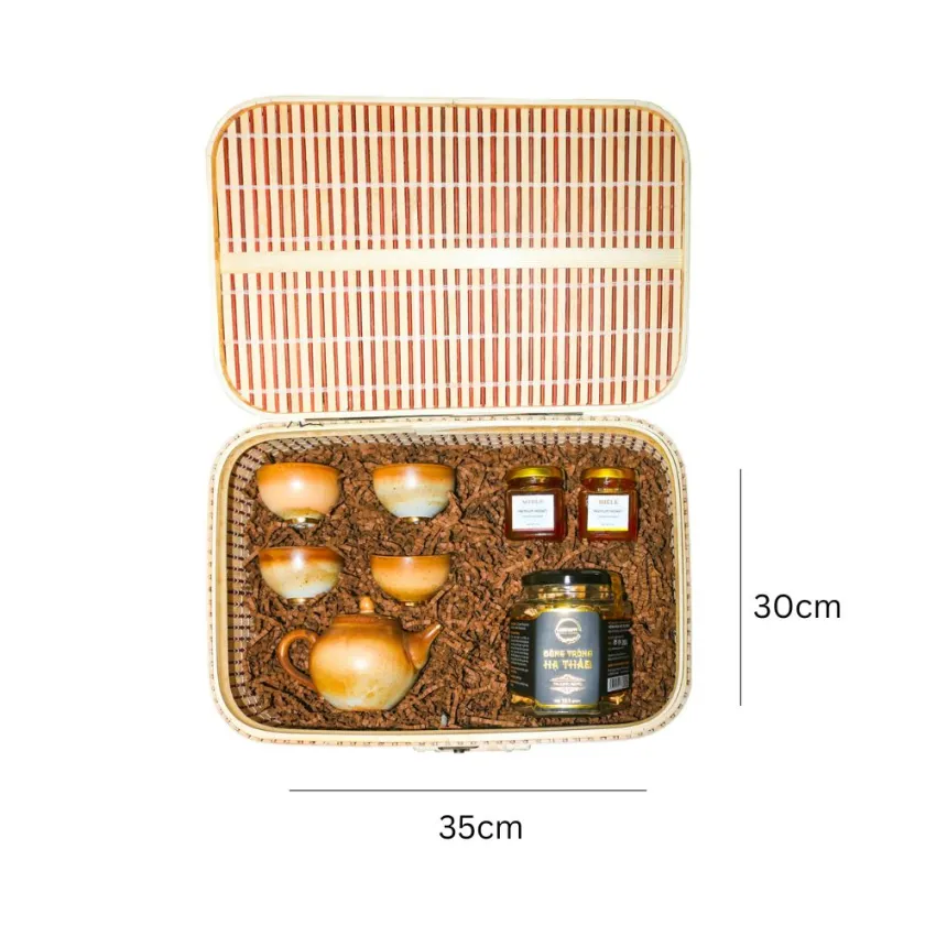 "An Lac" Gift Box, Captivating Through Every Detail, Brown Gift Set with Teapot Along With Cordyceps & Honey, Bamboo Rattan Gift Box, Premium Gift Set