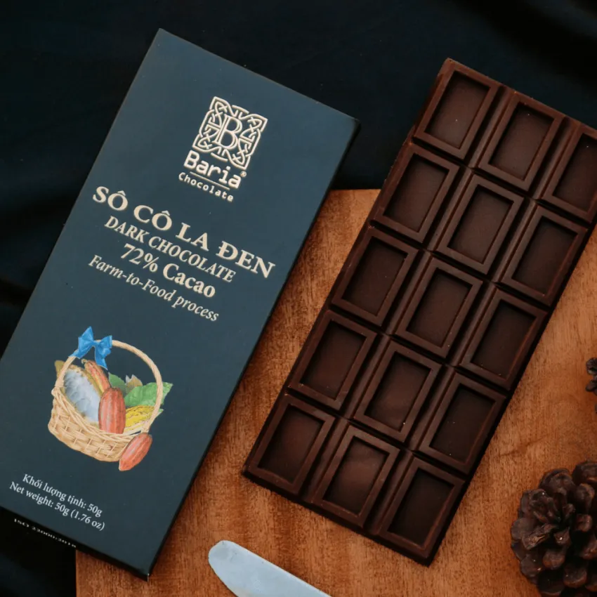 Thanh Socola Đen 72% Cacao, 50G, Say Mê Với Hương Vị Đắng & Thơm Vừa Vặn, Socola Cao Cấp Đúng Vị, Đặc Sản Việt Nam, Quà Vặt, Ăn Vặt Lành Mạnh