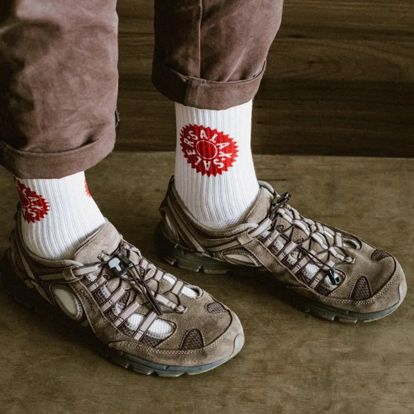 White Cotton Crew Socks, Exclusive Signature From Salaxsaler, Soft Thick Cotton, Hand-Silkscreened Design, Travel Socks, Fashion Accessory, Souvenir