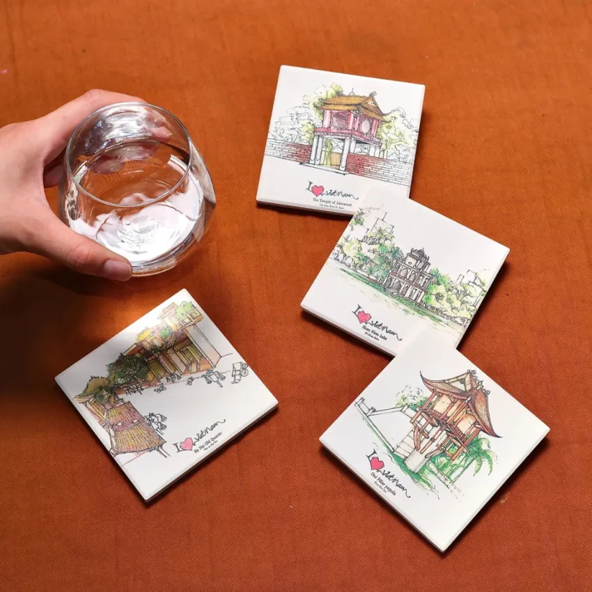 Vietnam Coaster Collection, Set Of 4 Square Ceramic Coasters, Vietnam In Every Moment, Quick-Absorbent Ceramic, Home Decor, Vietnamese Souvenir