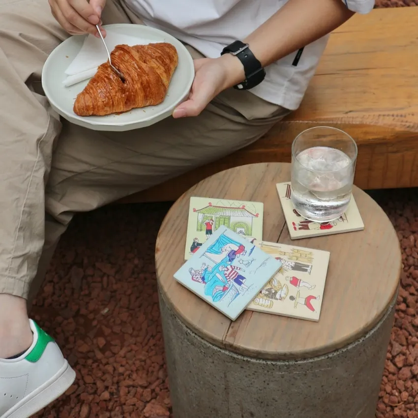 Vietnam Culture Coaster Collection, Set Of 4 Square Ceramic Coasters With Wooden Base, Vietnamese Stories, Quick-Absorbent, Compact Vietnamese Souvenir