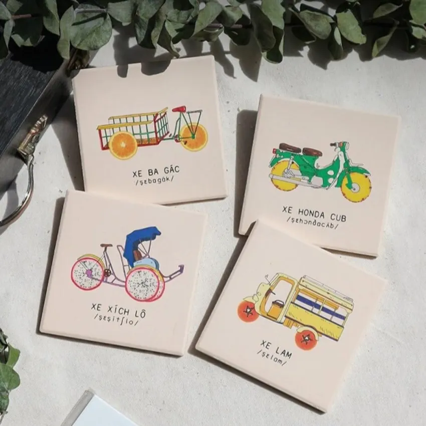 Vietnam Culture Coaster Collection, Set Of 4 Square Ceramic Coasters With Wooden Base, Vietnamese Stories, Quick-Absorbent, Compact Vietnamese Souvenir
