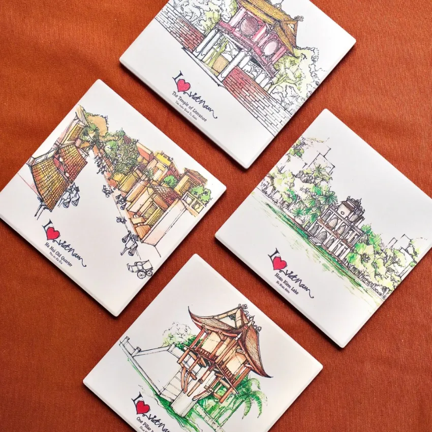Vietnam Coaster Collection, Set Of 4 Square Ceramic Coasters, Vietnam In Every Moment, Quick-Absorbent Ceramic, Home Decor, Vietnamese Souvenir