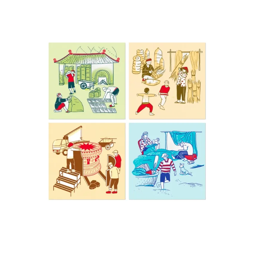 Vietnam Culture Coaster Collection, Set Of 4 Square Ceramic Coasters With Wooden Base, Vietnamese Stories, Quick-Absorbent, Compact Vietnamese Souvenir