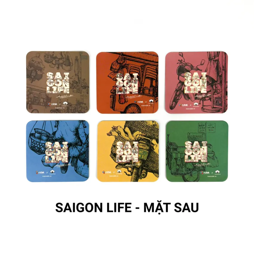 Bộ 6 Miếng Lót Ly Vuông "Hà Nội - Sài Gòn Life", Rộn Ràng Phố Xá Việt Nam, Lót Ly Nghệ Thuật Phù Hợp Mọi Loại Cốc, Quà Lưu Niệm Việt Nam Dễ Mang Đi
