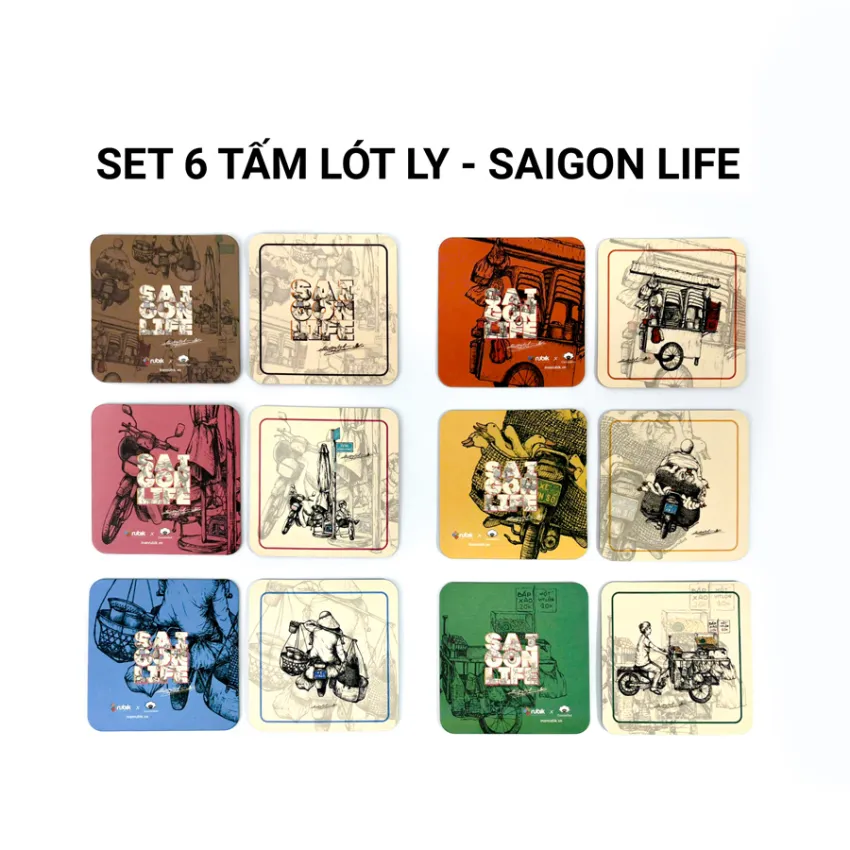 Bộ 6 Miếng Lót Ly Vuông "Hà Nội - Sài Gòn Life", Rộn Ràng Phố Xá Việt Nam, Lót Ly Nghệ Thuật Phù Hợp Mọi Loại Cốc, Quà Lưu Niệm Việt Nam Dễ Mang Đi