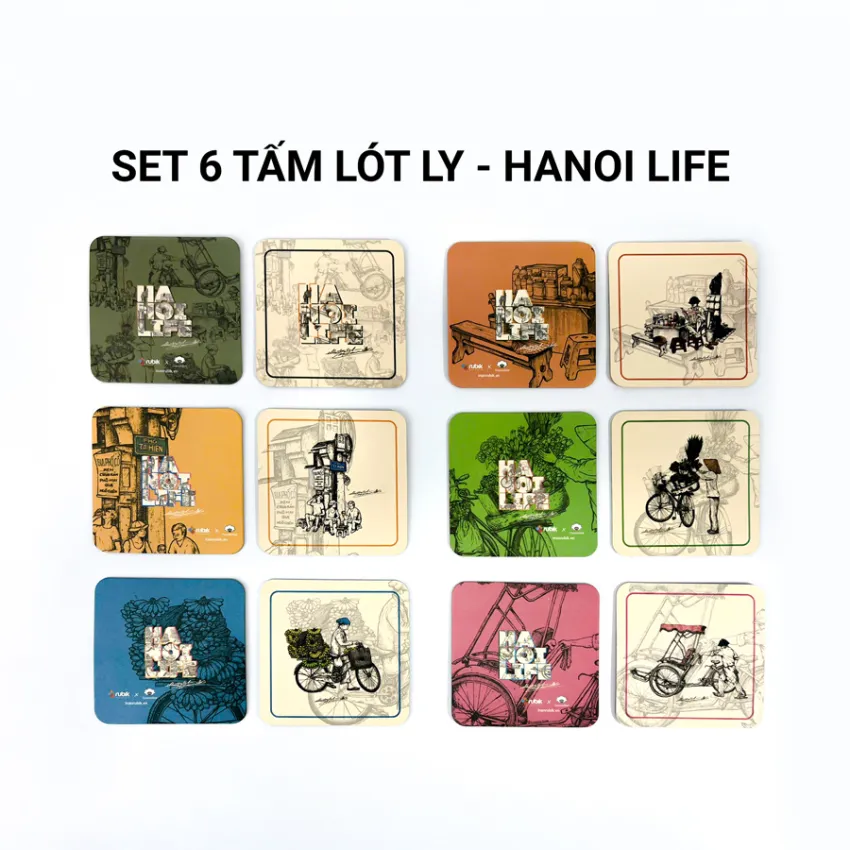 Bộ 6 Miếng Lót Ly Vuông "Hà Nội - Sài Gòn Life", Rộn Ràng Phố Xá Việt Nam, Lót Ly Nghệ Thuật Phù Hợp Mọi Loại Cốc, Quà Lưu Niệm Việt Nam Dễ Mang Đi