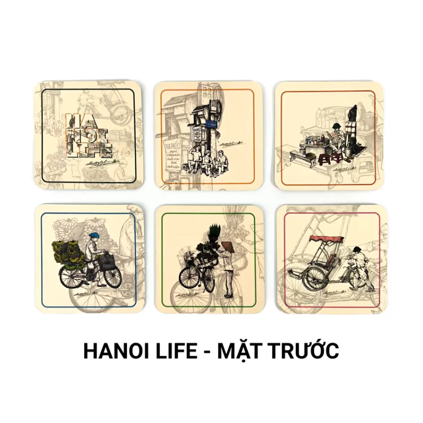 Bộ 6 Miếng Lót Ly Vuông "Hà Nội - Sài Gòn Life", Rộn Ràng Phố Xá Việt Nam, Lót Ly Nghệ Thuật Phù Hợp Mọi Loại Cốc, Quà Lưu Niệm Việt Nam Dễ Mang Đi